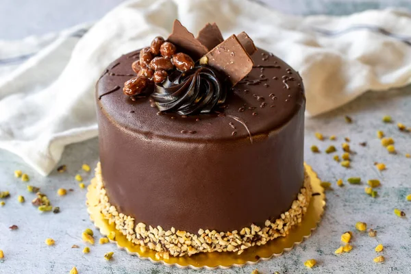 Chocolate cake. Bakery products. Chocolate cake on gray background. close up