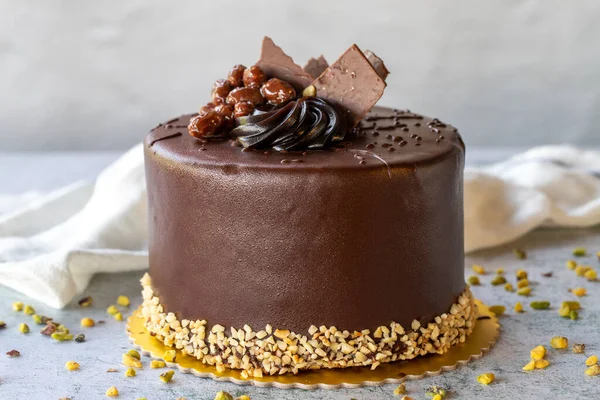 Chocolate cake. Bakery products. Chocolate cake on gray background. close up