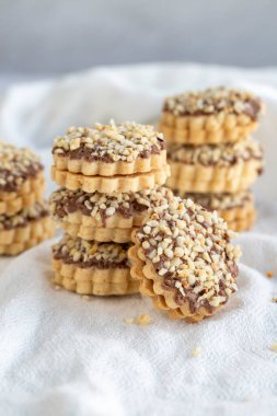 Çikolatalı fındıklı kurabiyeler. Gri arka planda ev yapımı kurabiyeler. Kapat.