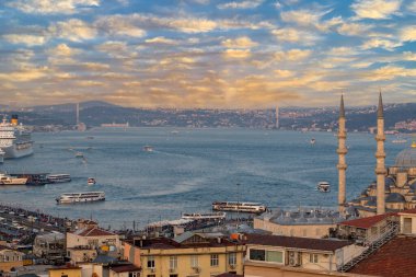 İstanbul Boğazı Köprüsü ve Galata Köprüsü. Tepeden alınan Boğaz manzarası.
