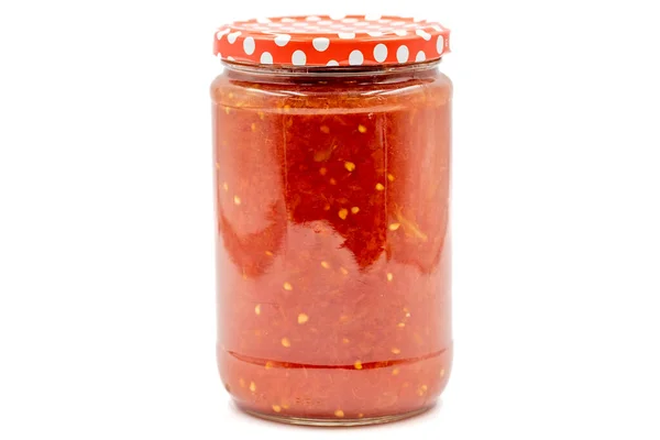 Tomatensauce Aus Der Dose Glas Isoliert Auf Weißem Hintergrund — Stockfoto