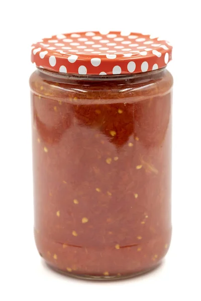 Konserverad Tomatsås Glasburk Isolerad Vit Bakgrund — Stockfoto
