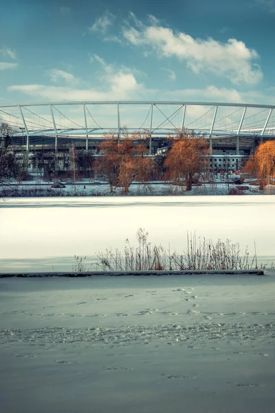 Pohled Parku Slezském Stadionu Chorzow Jezero Pokryté Sněhem Slezský Park — Stock fotografie