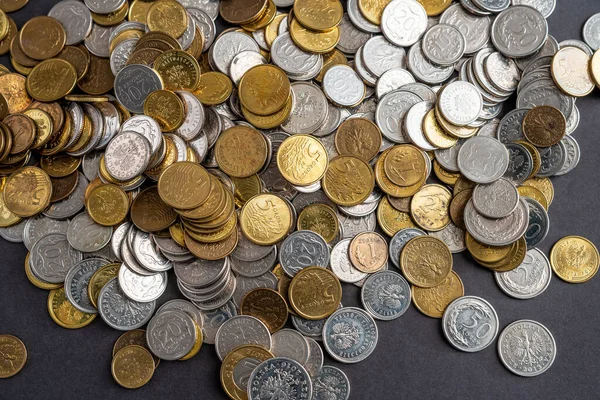 Polonya parası. Polonya 'da zor bir mali durum. Enflasyon birikimlerimizi tüketiyor. Polonya banknotları ve sikkeleri üzerinde bir dilim ekmek.