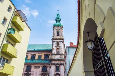 Polonya 'nın Nysa kentindeki Kutsal Bakire Meryem Varsayımı Kilisesi (Kosciol Wniebowziecia Najsweitszej Marii Panny). İlkbaharda ön planda modern bina ve ağaç.