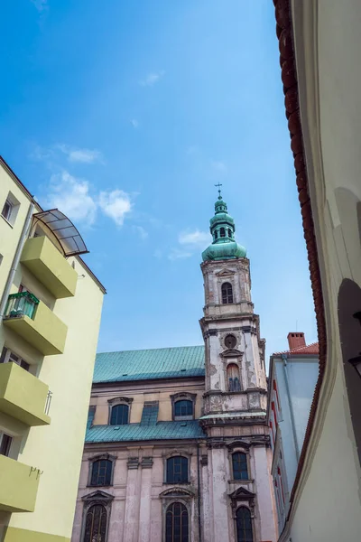 Polonya 'nın Nysa kentindeki Kutsal Bakire Meryem Varsayımı Kilisesi (Kosciol Wniebowziecia Najsweitszej Marii Panny). İlkbaharda ön planda modern bina ve ağaç.