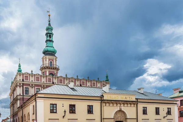 The city hall building with the town hall tower in the background. Zamo is a city entered on the World Heritage List. Zamosc, Poland