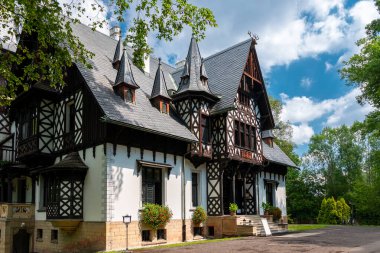 Hunting lodge (palac mysliwski) in Promnice, Kobior, Silesia, Poland. Neo-gothic, english-style building from 1861 year with towers, oriels and ornamental sculptures located in the forest, by the lake