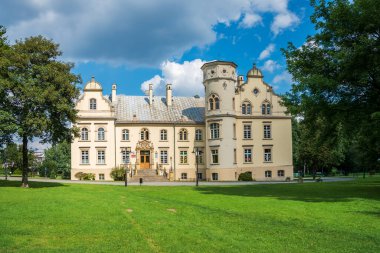 Przyszowice, Poland - September 5, 2022: A palace and park complex from the nineteenth eclectic style. Przyszowice, Poland