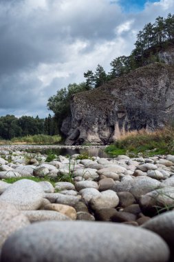 Bialka Nehri 'nin geçidi. Güzel bir kaya, nehir ve orman manzarası. Bialka Tatrzaska, Polonya