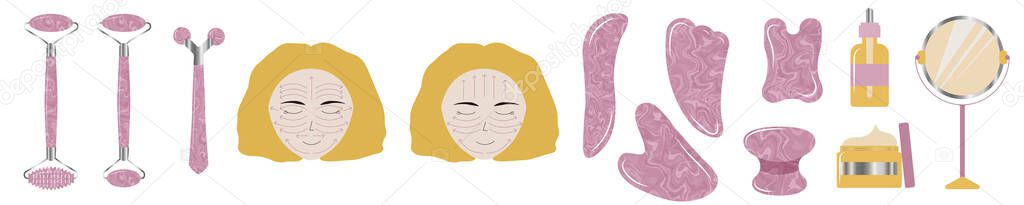 Pink texture marble facial roller and gua sha set of tools and equipment. White blond girl doing face exercise with directions.