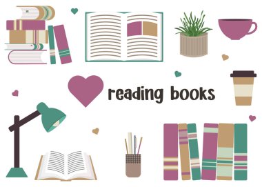 İçinde lamba ve kahve olan kitap desteleri. Fincan ve ev bitkisi ile açık bir kitap. Kitap okumakla ilgili ögelerin toplanması.