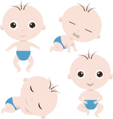 4 yeni doğmuş bebek pozu. Mutlu, uykulu, sinirli ve neşeli bebek bezi takmış bebek..