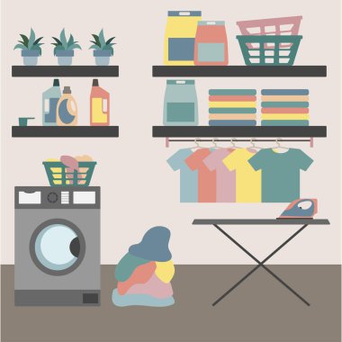 Çamaşır makinesi, sepeti ve deterjanı olan küçük bir çamaşır odası.