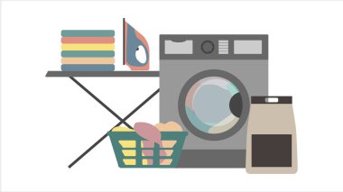 Demirli çamaşır odası konsepti. Çamaşır makinesinin yanında kirli çamaşırlar sepette.