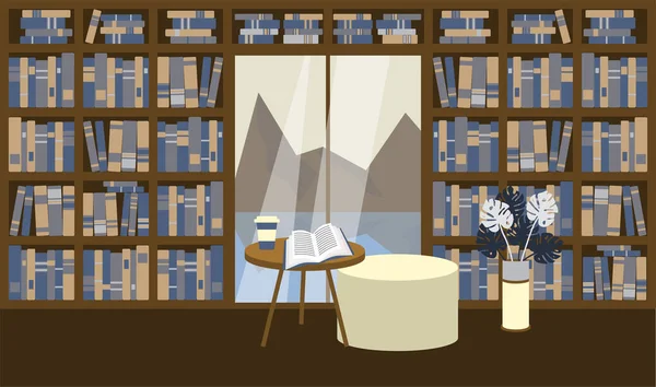 Grande Biblioteca Casa Libreria Con Grande Finestra Vista Sulle Montagne — Vettoriale Stock