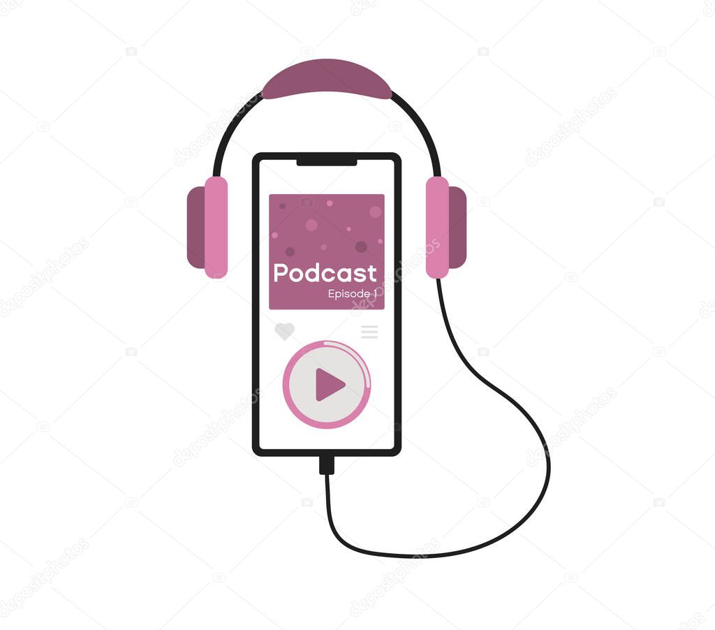 Pink earphones with mobile for listening podcast vector illustration. Isolated smartphone play broadcast, interview or news. Radio and concert in your phone