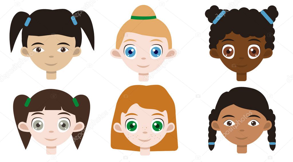 Set of national kids portraits with smiling faces. Cute asian girl, nice irish red hair, adorable african toddler, closeup american daughter, blond scandinavian little female and indian baby.