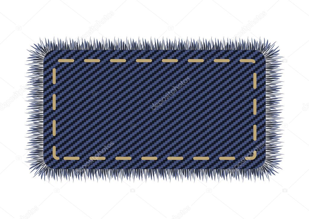 Denim square with stitch on a jeans canvas. Sale label element in vector. Destroyed and tor  patchwork shape in dark blue.