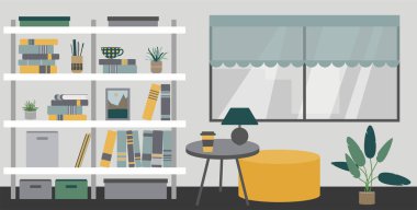 Kitaplıkları, masası ve parlak pouf 'u olan gri sarı İskandinav minimalist iç mimarisi. Kitapçıda okumak veya okumak için yer