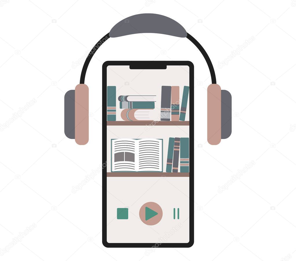 Listen audio books and business literature with headphone and mobile. Earphones for entertainment or broadcast just click play button to turn on sound.