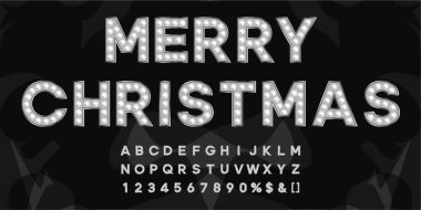 Gümüş renkli mutlu noel mektupları ve soğuk ampuller. Tiyatro veya film etkinliği için klasik metin oluşturmak için Abc alfabesi