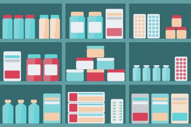 Eczanede büyük raflar. Sağlık hizmetlerine ilaç ve antibiyotik alışverişi. Rafta tıbbi eşyalar var. İlaç, vitamin veya şurup sipariş et /