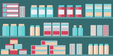 Eczanede ilaç, nesne, kapsül ve antibiyotik içeren eczane rafları. Raf vitrinli tıbbi konsept. Antibiyotik, ilaç, şurup alışverişi..