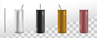 3D takla modelleri seti. Tasarımınızı yerleştirmek ve önizleme için termo şişe şablonu. Paket kahve için yeniden kullanılabilir plastik bardak.