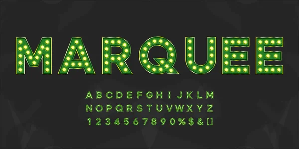 Alphabet Chapiteau Vert Brillant Avec Chiffres Lumière Chaude Lettres Lumineuses — Image vectorielle