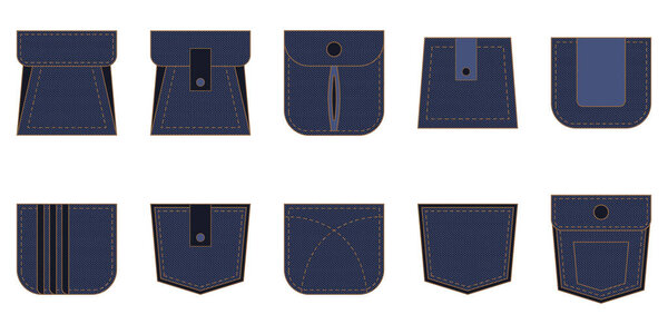 Basic denim patch pocket design in blue and brown. Round circle button on unisex garment. Isolated icon and symbol for bag or clothes.