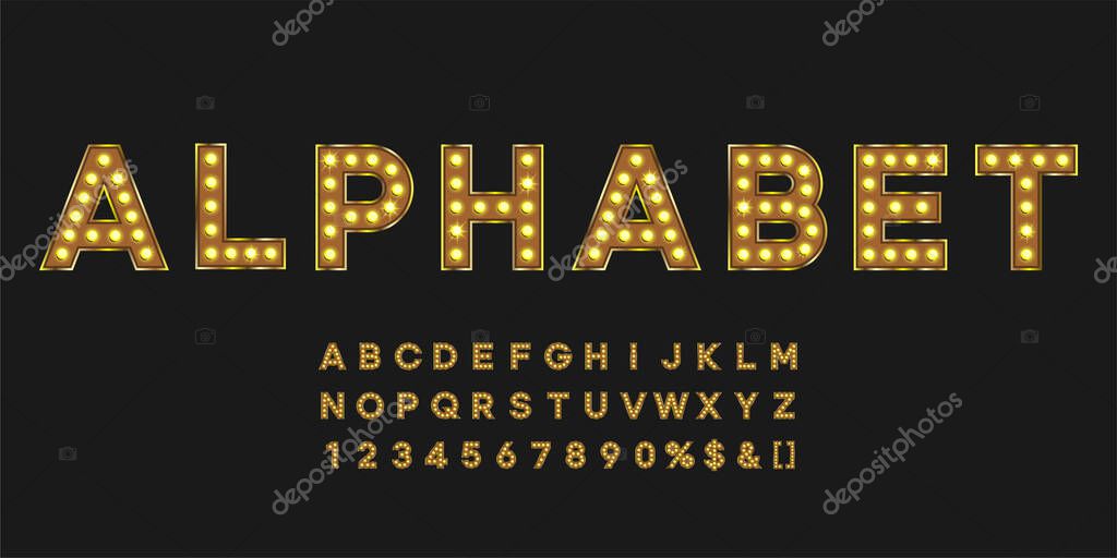 Gold shining marquee alphabet with numbers and warm light. Vintage illuminated letters for text logo or sale banner