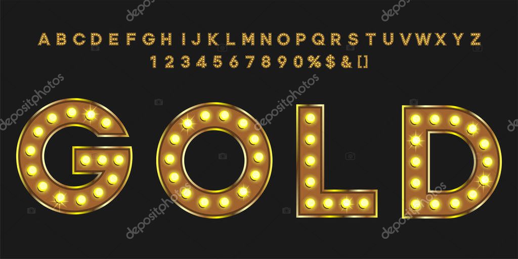 Gold vintage text with alphabet and numbers. Neon letters typeface for retro party or event signboard.