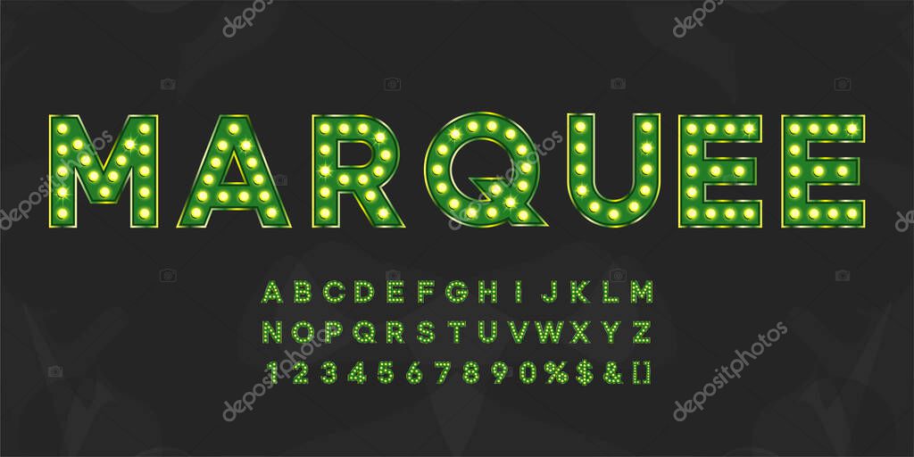 Green shining marquee alphabet with numbers and warm light. Vintage illuminated letters for text logo or sale banner