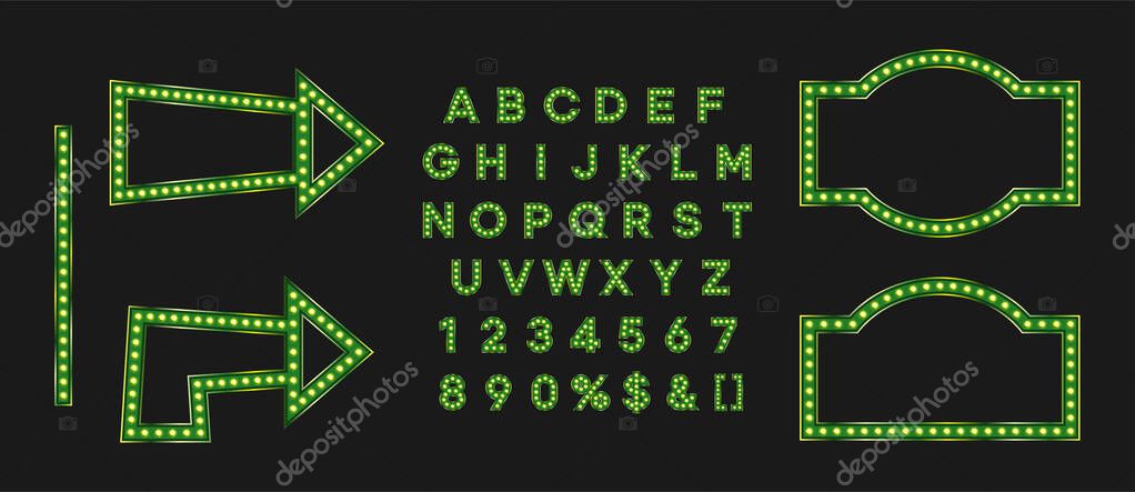 Green shiny frame and arrow for black friday sale banner or signboard. Marque alphabet for night club logo or event badge.
