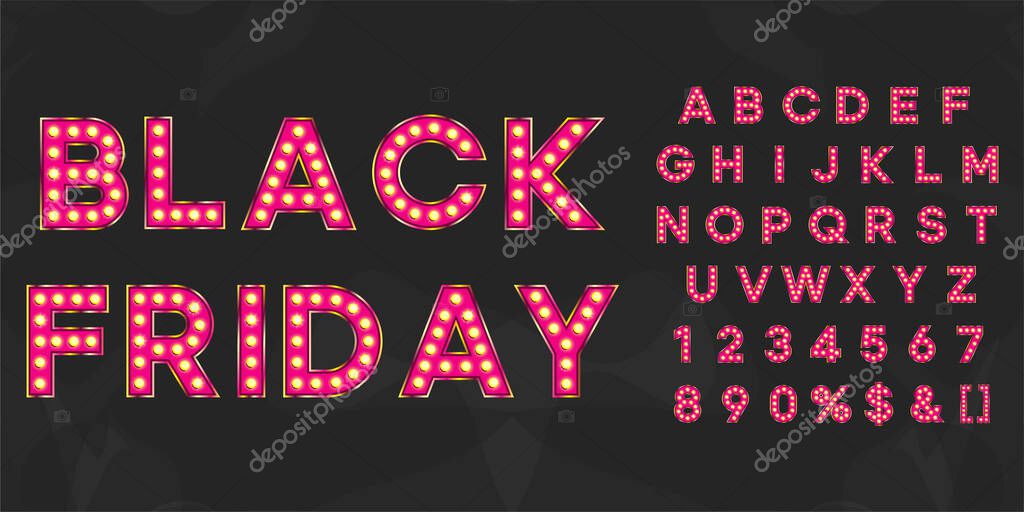 Pink Black friday sale illuminated bulb text. Vintage typography for theater or showtime movie design.
