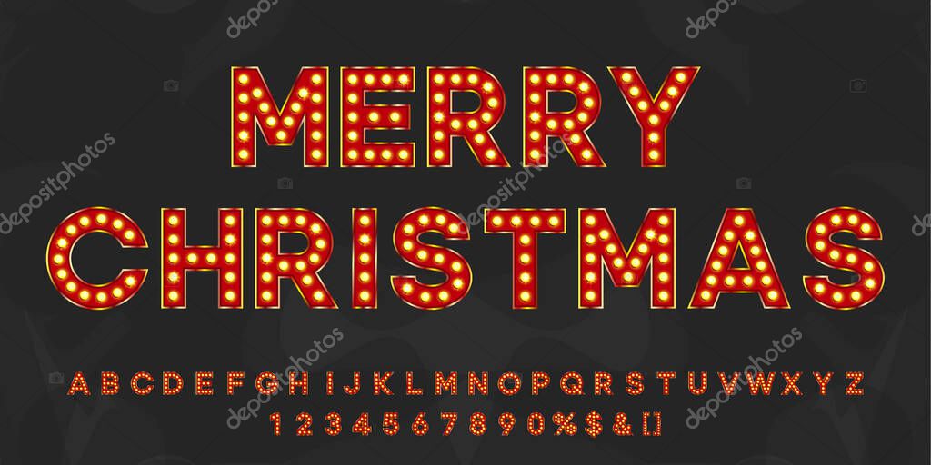Merry Christmas 2021 vintage text with alphabet and numbers. Neon letters typeface for retro party or event signboard.