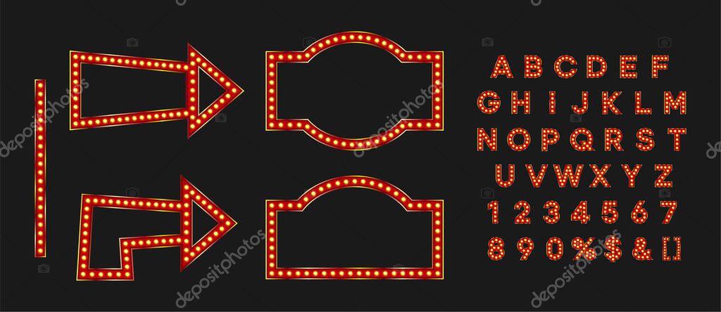 Shiny signboard and arrow for black friday sale banner. Marque alphabet for night club logo or event badge.