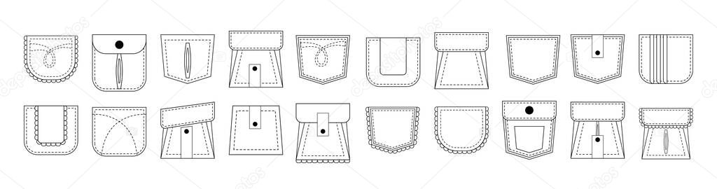 Set of isolated outline patch pockets. Technical design fashion template for casual garment.