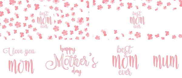 Conjunto de fundos sakura rosa e letras amor mamãe simples. Eu te amo MÃE e MÃE citações para design de cartão postal — Vetor de Stock
