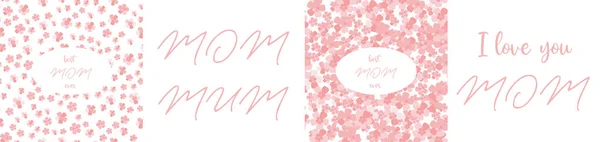 Conjunto rosa pastel de fondos de sakura y citas de mamá. Patrón sin costuras de cereza vectorial con citas de amor de mamá — Vector de stock