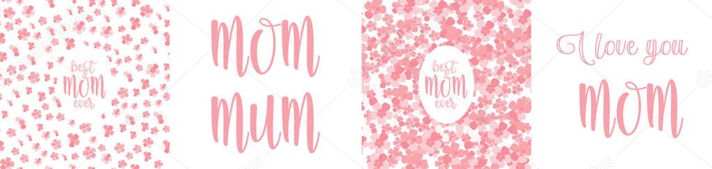 I love you MOM and MUM versions cards template. Simple pink pattern with cherry blossom for scrapbooking project
