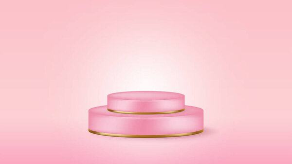 Pink 3d podium with gold elements on a platform. Vector mesh showcase for banner. Luxury cosmetic presentation shoot