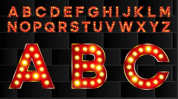 3d rotes Festzelt-Alphabet. Glänzende Schrift für den Weihnachtsverkauf. Vector beleuchtete Buchstaben für Zirkusgrafik. Vektorsatz für Neon-Titel — Stockvektor