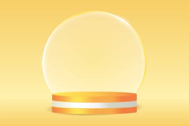 Turuncu ve beyaz silindir 3D podyum. Ürünler ışıkla ayakta duruyor. Kozmetik için boş geometrik kaidesel modelleme. Gösteri ödülü için gerçekçi bir sahne