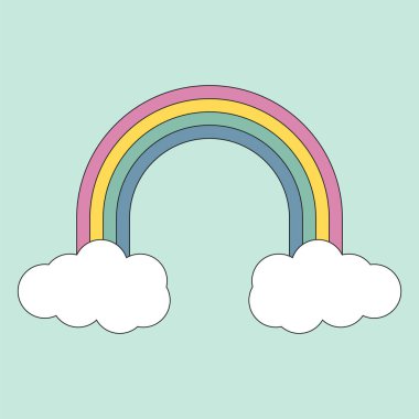 Beyaz bulutlu sevimli ve komik retro gökkuşağı. Poster, kart, pankart ve şablon yaratmak için 1970 yılına ait tek tip grafik ögesi.