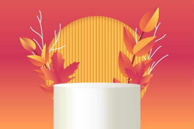 Pembe ve turuncu sonbahar yaprakları ve eğimli arka planı olan beyaz kaide podyumu. Prosuct showcase için silindir süslemesi.