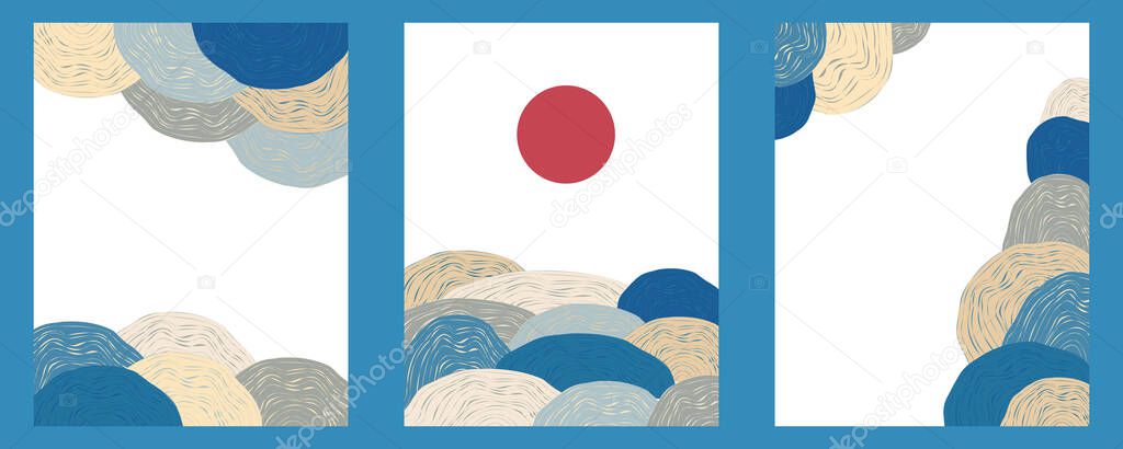 Japanese wave landscape vector illustration. Set of poster designs for creting marketing materials. Asian style banner or flyer.