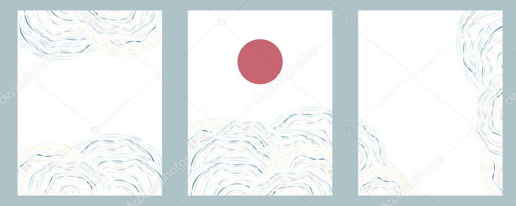 Set of fluid Japanese ocean wave vintage poster designs. Abstract red rising sun landscape background for marketing flyer.