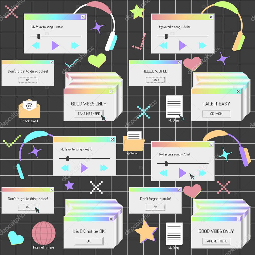 Old PC seamless pattern. Good vibes window notification, hello world alert and other software game elements. Technology background. Repeat tile for geek projects. Vaporwave wallpaper from 90s.